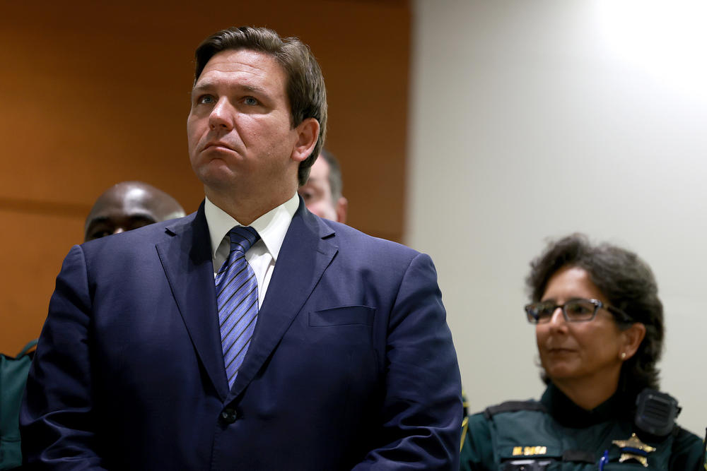 Florida Gov. Ron DeSantis waits to speak during a press conference held at the Broward County Courthouse on Aug. 18, 2022 in Fort Lauderdale, Fla.
