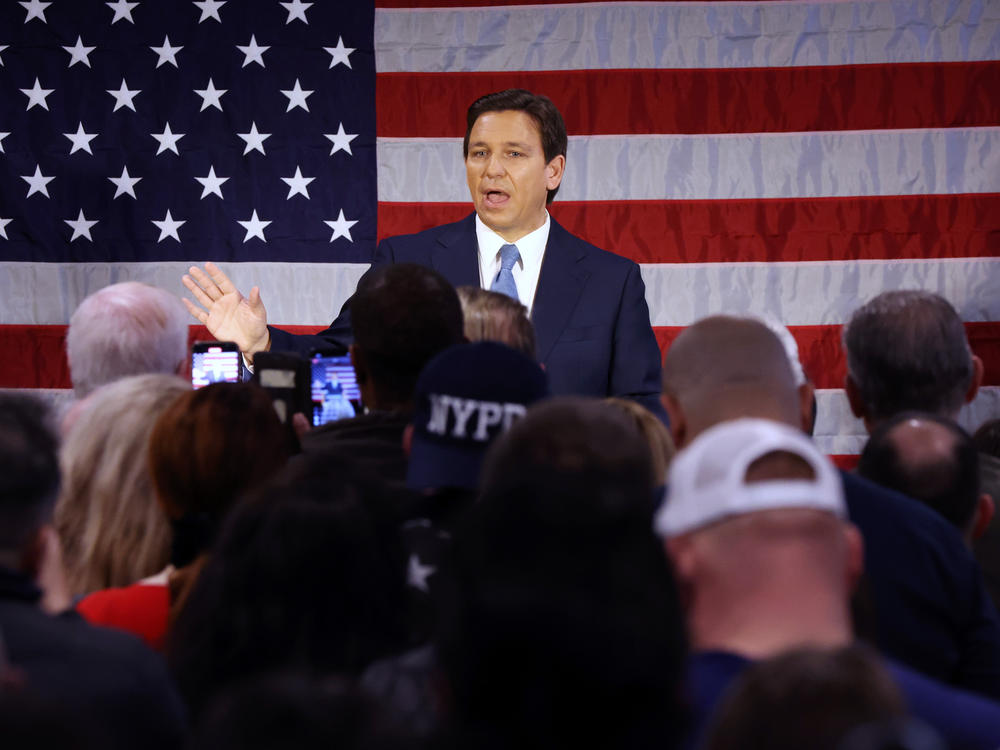 Florida Gov. Ron DeSantis speaks to police officers on Feb. 20 in New York City. DeSantis, a Republican, appointed several prominent conservative donors to the newly minted Disney World oversight board.