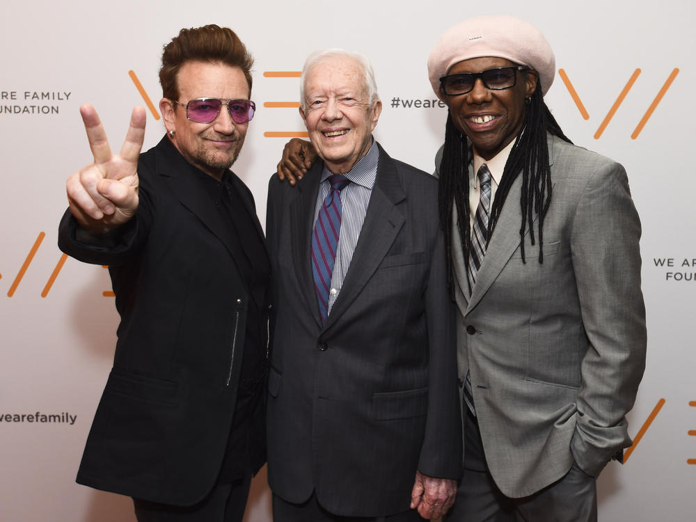 April 29, 2016: Singer Bono of U2, former President Jimmy Carter and co-founder of WAFF Nile Rodgers attend We Are Family Foundation 2016 Celebration Gala in New York.