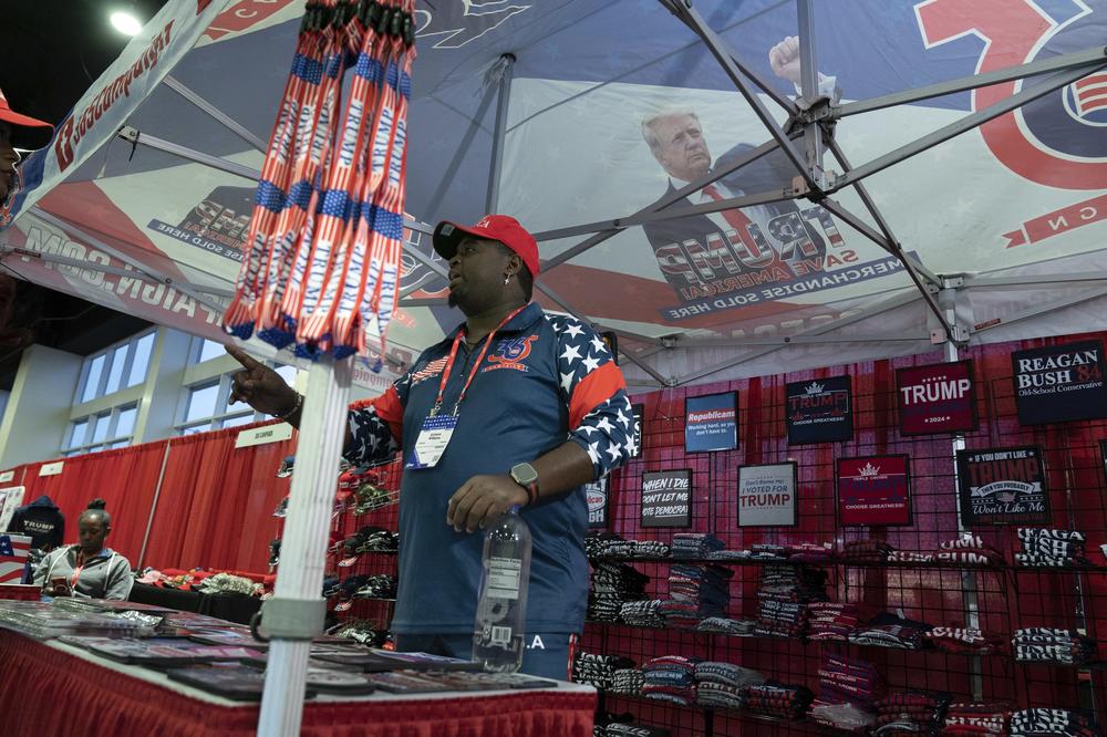 A booth selling hats and T-shirts is seen during CPAC on March 2.
