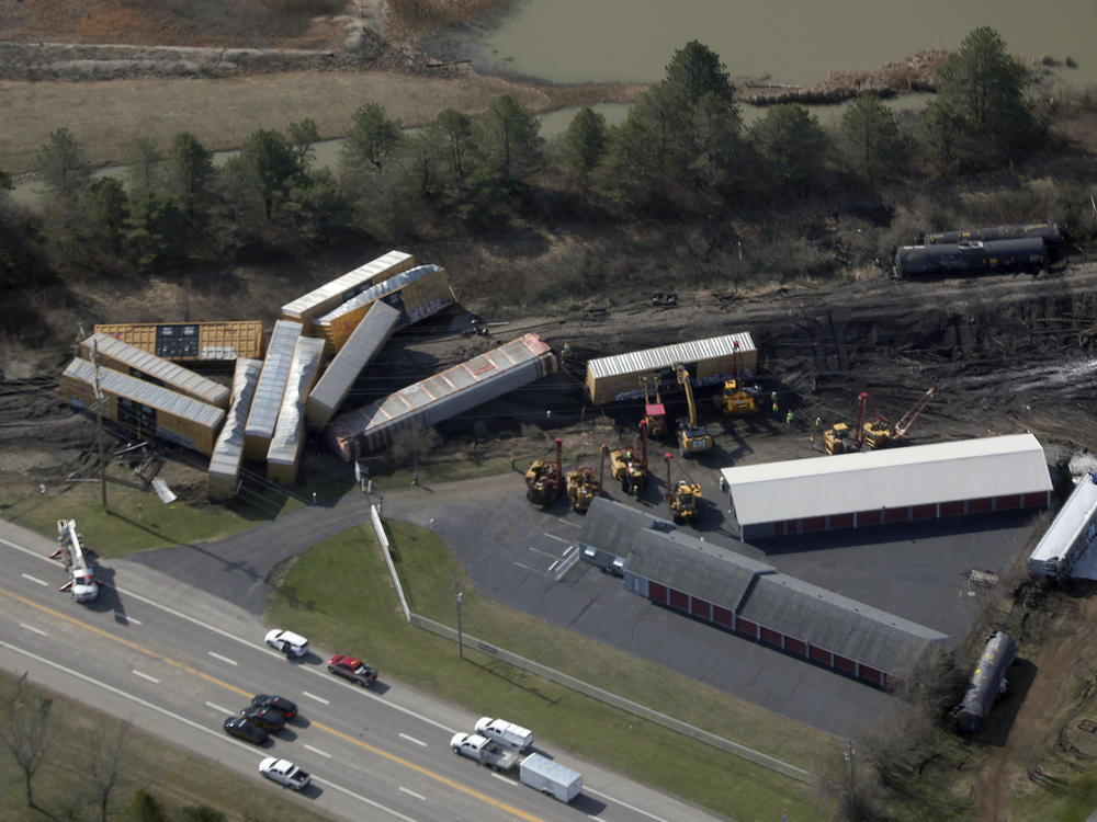 An aerial view of a Norfolk Southern train derailment, which sent more than 20 cars sliding off the tracks on Saturday near Springfield, Ohio.