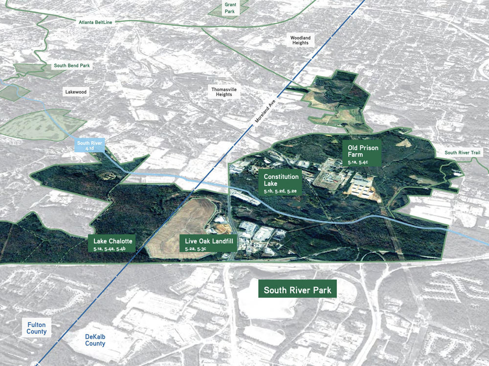 An aerial map of Atlanta's southeastern metro area shows the location of the Old Prison Farm, at right, in a 2017 planning document. The site was slated to be folded into a network of public parks — but a large public safety training center is now poised to take up a chunk of that real estate.