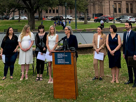 Nancy Northup, president and CEO of the Center for Reproductive Rights, speaks near the Texas Capitol in Austin during an event to announce that her group is suing the state on behalf of five women and two doctors.