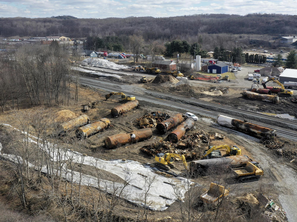 A view of the scene in East Palestine, Ohio, in late February as the cleanup continues at the site of a Norfolk Southern freight train derailment.
