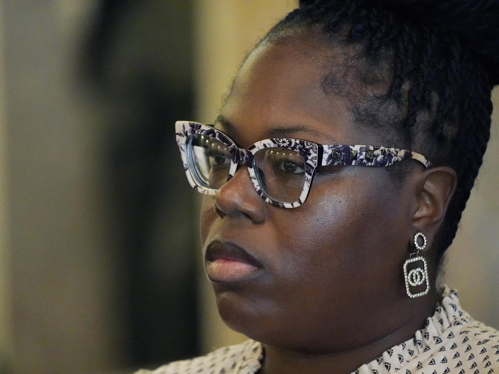 Arkela Lewis, mother of Jaylen Lewis, who was shot to death during an encounter with officers of the Mississippi Capitol Police department, looks at members of the Jackson delegation of the Mississippi Legislature after testifying before them at the Mississippi Capitol in Jackson, Monday, March 6, 2023.