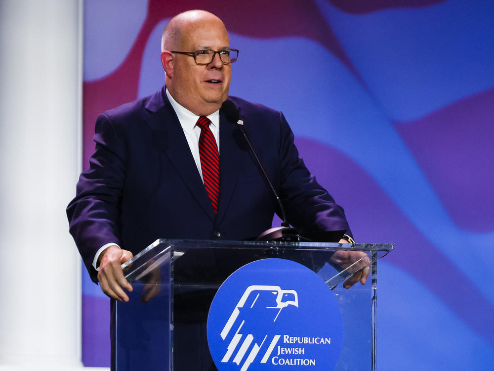 Then-Maryland Gov. Larry Hogan speaks at a meeting in Las Vegas in November 2022. He finished his second term in January.