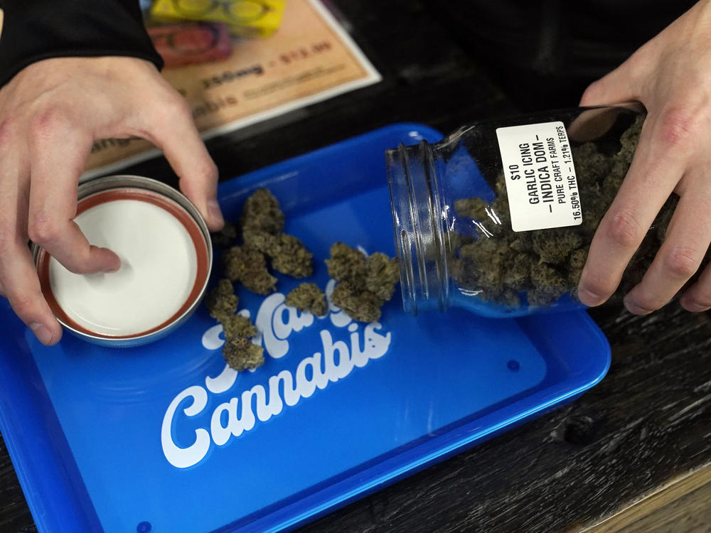 An employee pours marijuana flowers onto a try at a Mango Cannabis medical marijuana dispensary, on March 6, 2023, in Oklahoma City. Oklahoma voters on Tuesday rejected a measure to legalize recreational marijuana.