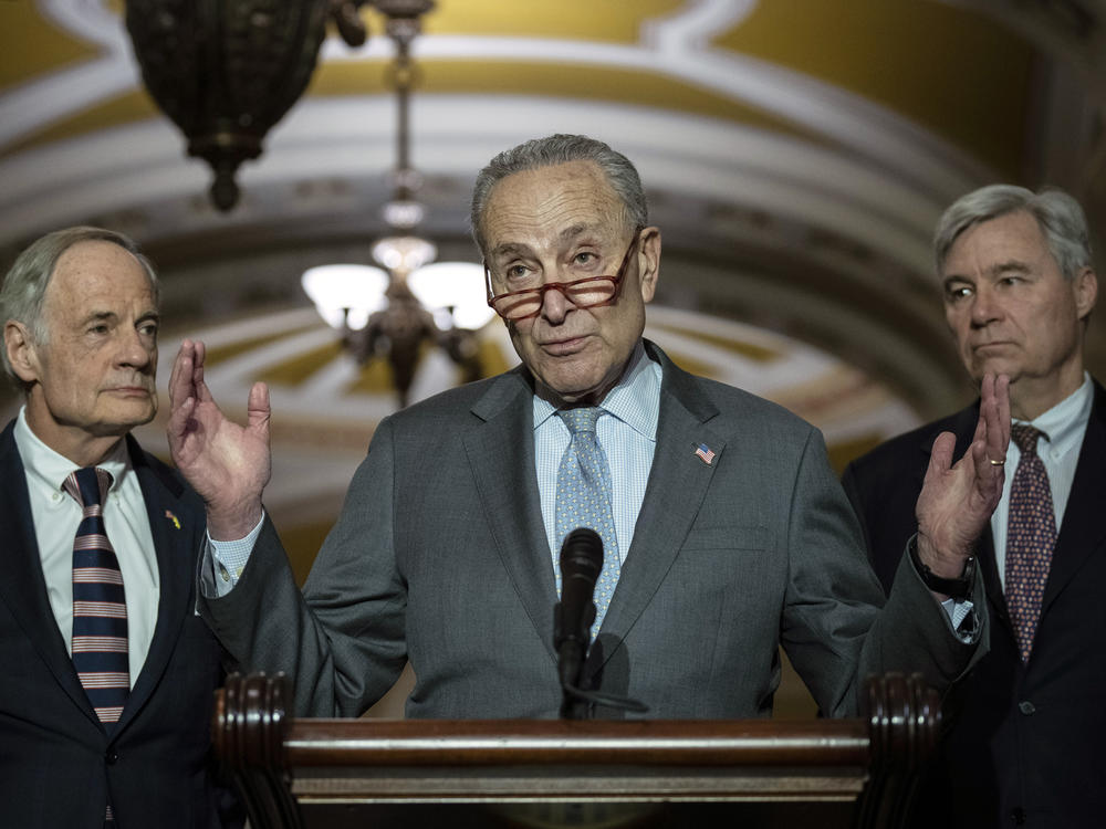 Senate Majority Leader Chuck Schumer speaks during a news conference following a closed-door lunch meeting with Senate Democrats on March 7. Schumer said he will vote yes on a resolution to block a recent District of Columbia crime bill.