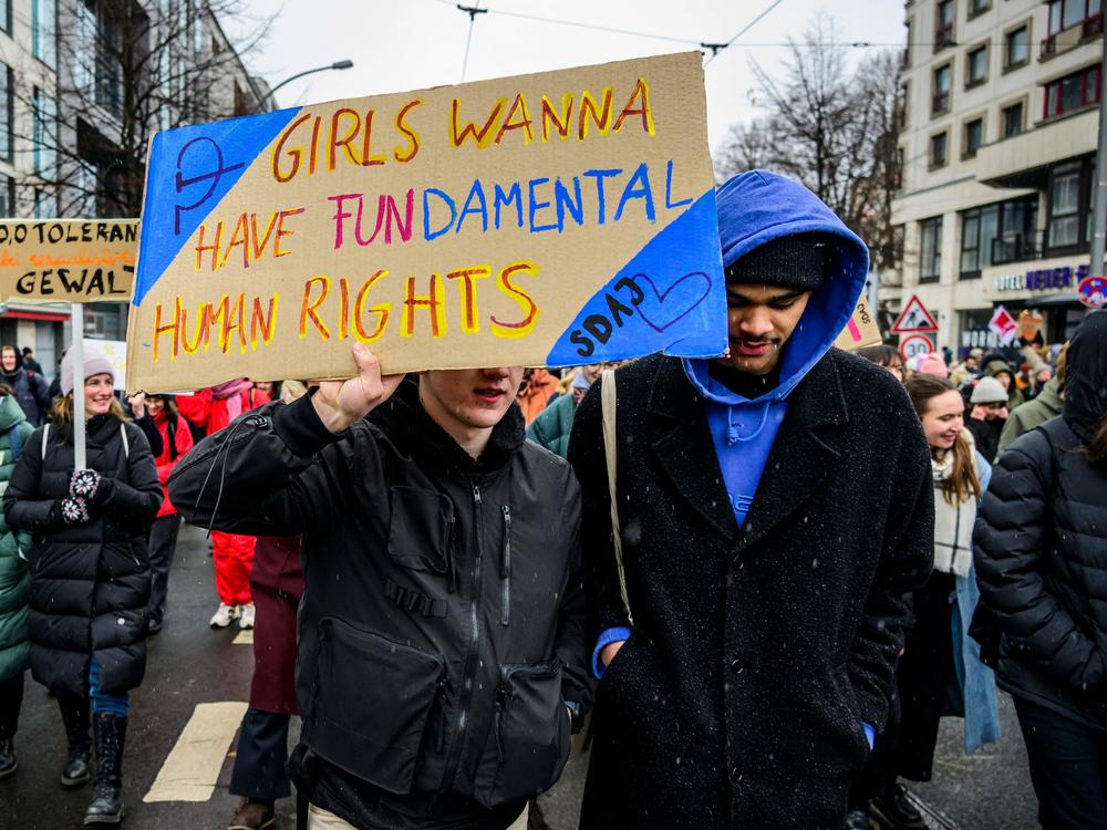 Protesters march in Berlin to mark International Women's Day on Wednesday.