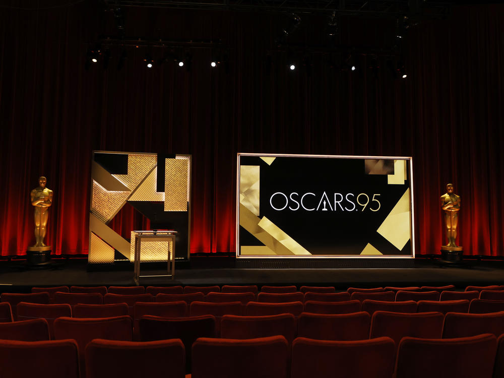 A view of the podium and the Oscar statue before the announcement of the 95th Academy Award nominations at Samuel Goldwyn Theater on Jan. 24, 2023 in Beverly Hills, Calif.