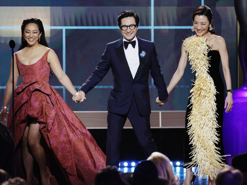 Stephanie Hsu, Ke Huy Quan and Michelle Yeoh appear onstage during the 29th Annual Screen Actors Guild Awards on Feb. 26, 2023 in Los Angeles, Calif.
