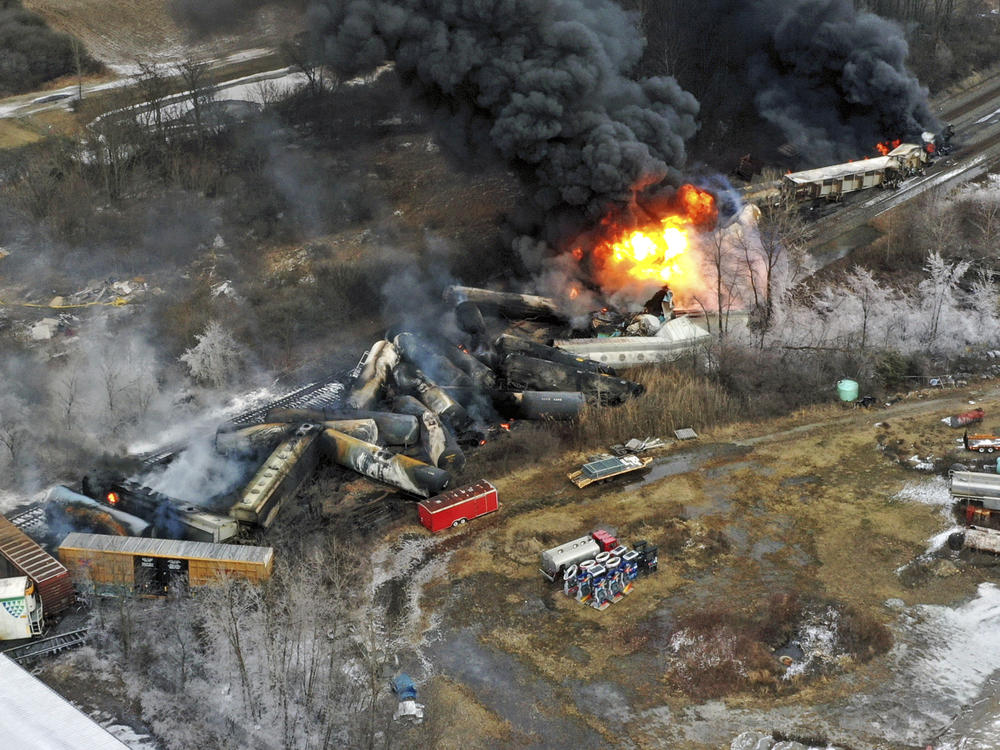 Portions of a Norfolk Southern freight train that derailed in East Palestine, Ohio on Feb. 3 remained on fire the next day.