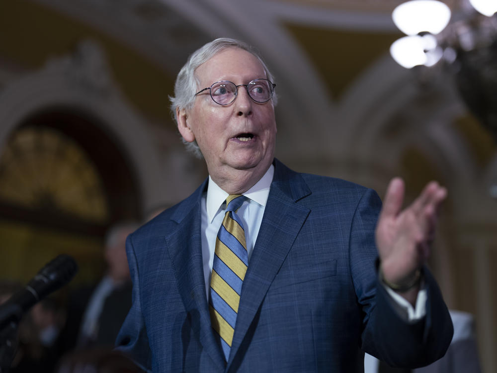 Senate Minority Leader Mitch McConnell, R-Ky., speaks to reporters following a policy meeting at the Capitol Tuesday.