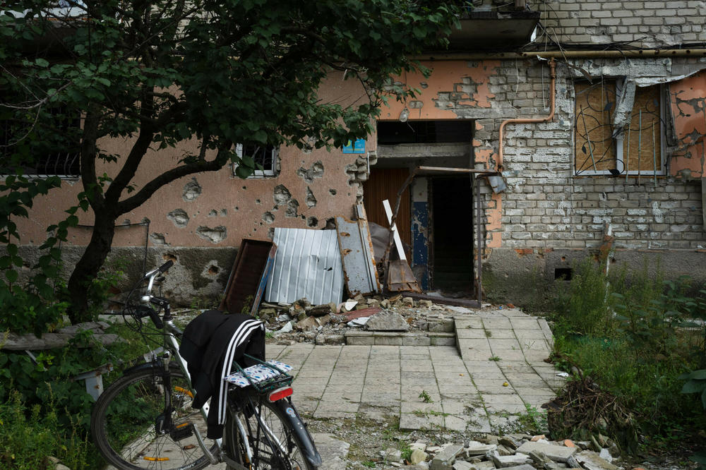 An apartment building in Izium, Ukraine, that was damaged by Russian forces. Ukraine recaptured Izium in September 2022.