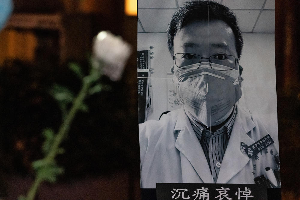 A memorial in Hong Kong for Li Wenliang — an ophthalmologist at Wuhan Central Hospital and a whistleblower who was hailed for hailed for his efforts to alert the medical profession to the new virus. He was summoned by police and admonished for making what they deemed to be false comments on the internet. He died on Feb. 7, 2020 after contracting the virus.