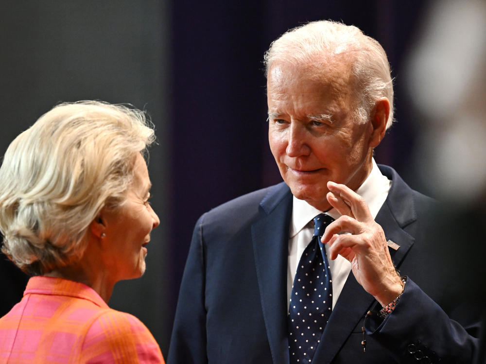 President of the European Commission Ursula von der Leyen speaks with President Biden at the global meeting of G-20 leaders on Nov. 15, 2022, in Nusa Dua, Indonesia