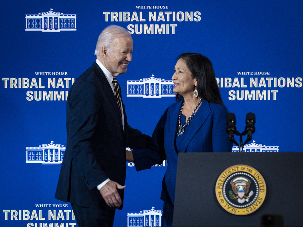 US President Joe Biden greets Department of the Interior Secretary Deb Haaland during the White House Tribal Nations Summit this November. Haaland ultimately has the final say on how, if at all, the Willow Project can advance.