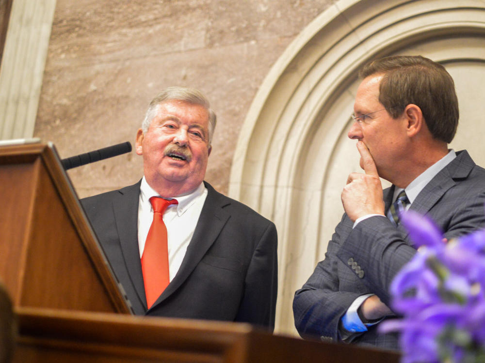 Tennessee House Speaker Cameron Sexton and Lt. Gov. Randy McNally speak ahead of Gov. Bill Lee's State of the State Address. Monday, Feb. 06, 2023, in Nashville, Tenn.