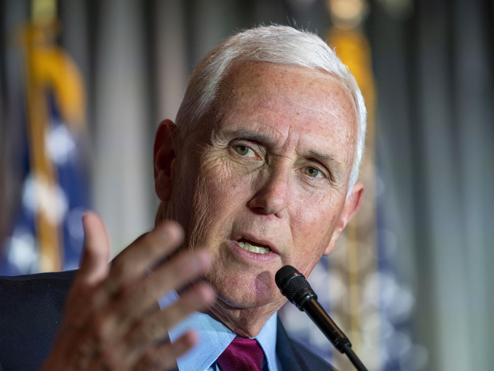 Former Vice President Mike Pence speaks at a Coolidge and the American Project luncheon on Feb. 16. On Saturday, Pence criticized former President Donald Trump for his role in the Jan. 6, 2021, riot at the U.S. Capitol.