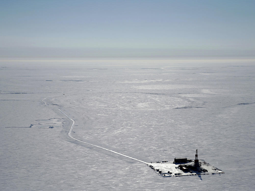 This 2019 aerial photo provided by ConocoPhillips shows an exploratory drilling camp at the proposed site of the Willow oil project on Alaska's North Slope.