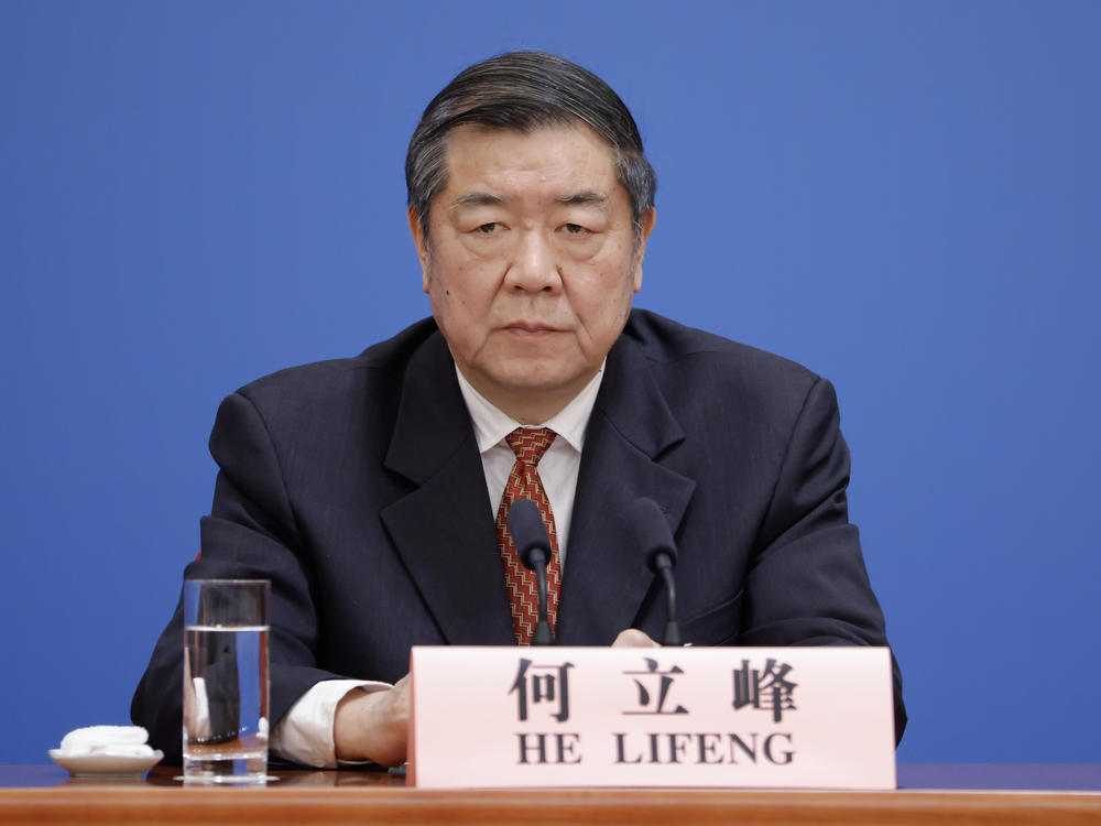 China's newly elected Vice Premier He Lifeng holds his first press conference at the Great Hall of the People on March 13, 2023 in Beijing, China.