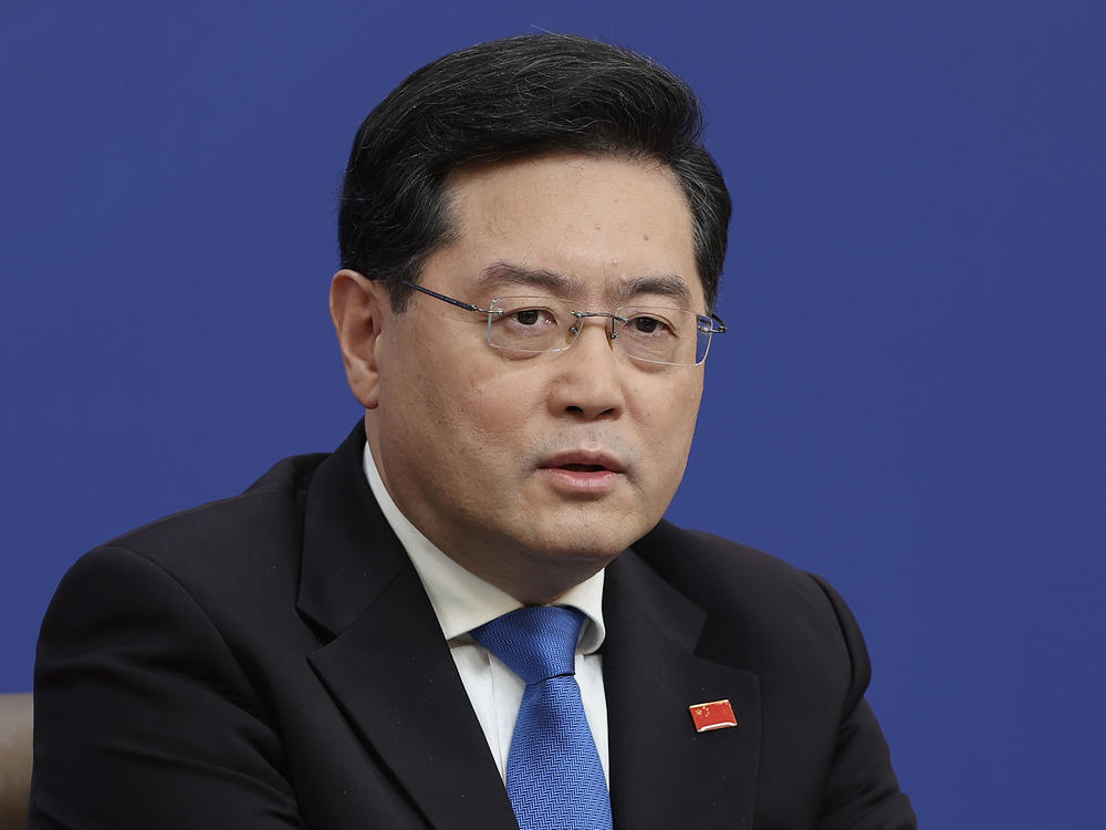 China's foreign minister Qin Gang attends a press conference during the First Session of the 14th National People's Congress at Media Center on March 7, 2023 in Beijing, China.