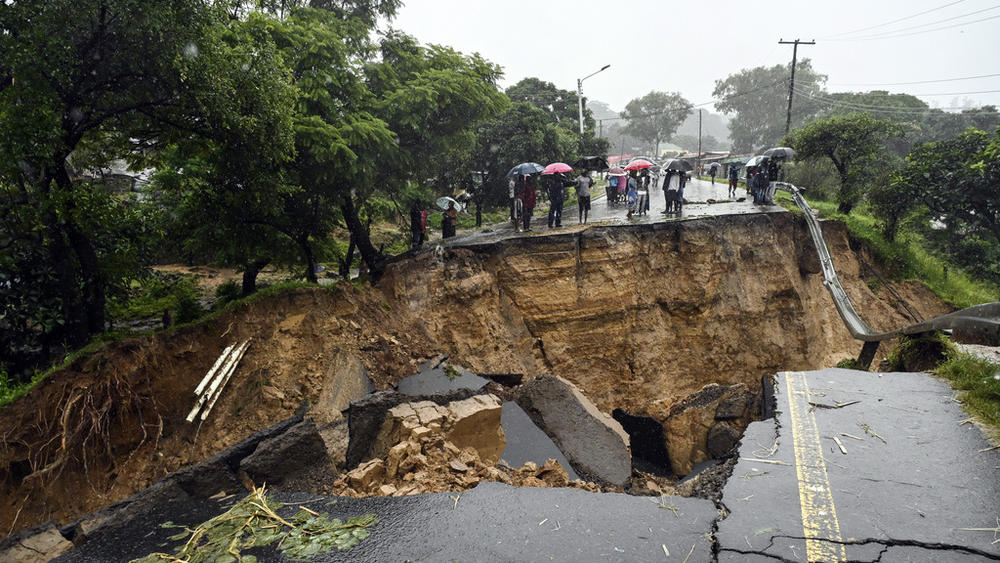 A road connecting the cities of Blantyre and Lilongwe is seen damaged Tuesday in Malawi following heavy rains caused by Tropical Cyclone Freddy.