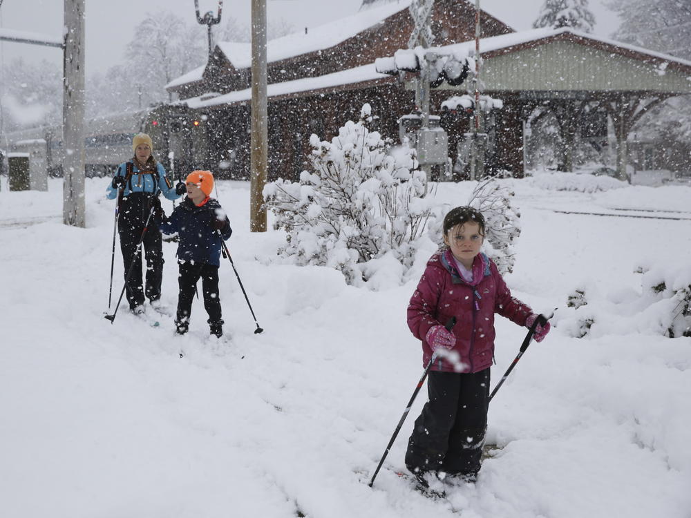Beth Reilly, background, cross-country skis with her children, Noah, 7, in the middle, and Annelies, 5, during a snowstorm in Waterbury, Vt., on Tuesday.
