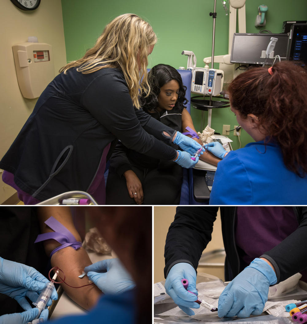 In 2019, as part of a clinical trial to treat sickle cell disease, Gray had vials of blood drawn by nurses Bonnie Carroll (left) and Kayla Jordan at TriStar Centennial Medical Center in Nashville.