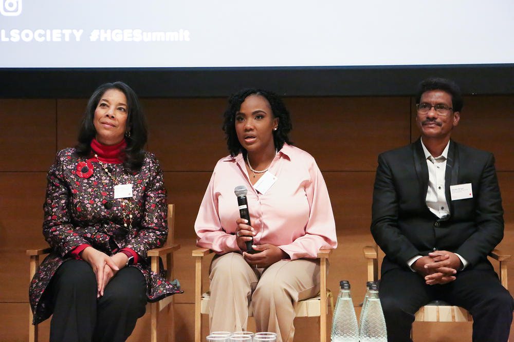 Alexis Thompson (left) of Children's Hospital of Philadelphia and the University of Pennsylvania, Gray (center) and Gautam Dongre of the Indian-based National Alliance of Sickle Cell Organisations were panelists at the gene-editing summit in London.
