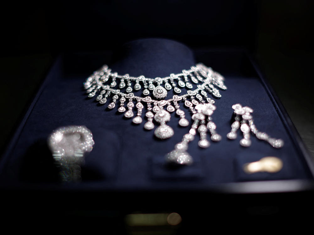 The jewelry with diamonds gifted to former President Jair Bolsonaro and his wife Michelle Bolsonaro by the Saudi government, which was seized by customs officials, is seen at SÃ£o Paulo-Guarulhos International Airport, in Guarulhos, Brazil, on Tuesday.