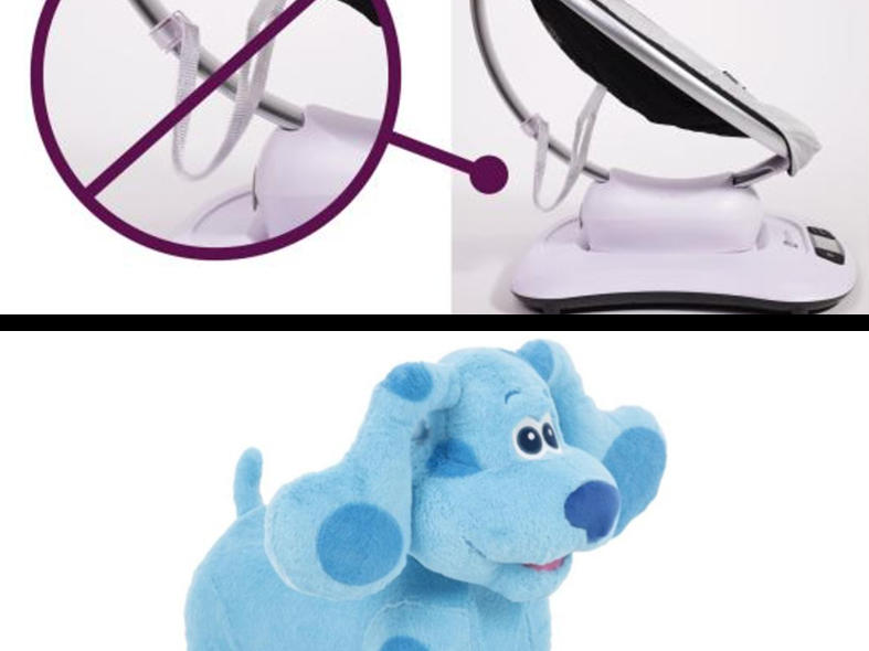Clockwise from top left: Goalsetter wall-mounted basketball goals recalled for injury hazard; 4moms MamaRoo Baby Swing, versions 1.0-4.0, recalled for strangulation hazard; Blue's Clues Foot to Floor Ride-on Toys recalled for injury and fall hazards; Pillowfort Weighted Blankets recalled for asphyxiation hazard and risk of death.