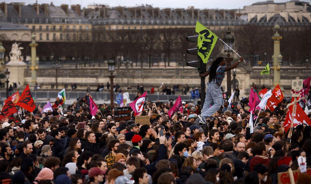 Protesters gather at Concorde square near the National Assembly in Paris on Thursday.