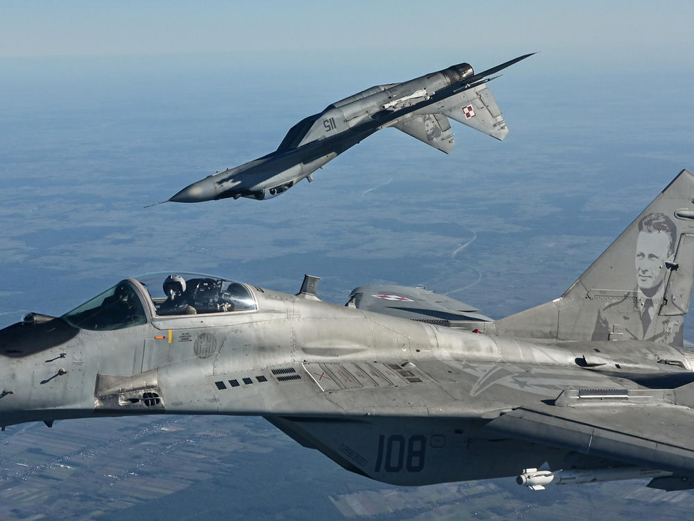 MIG-29 fighter jets of the Polish Air Force take part in a NATO shielding exercise at the Lask Air Base on Oct. 12, 2022, in Lask, Poland.