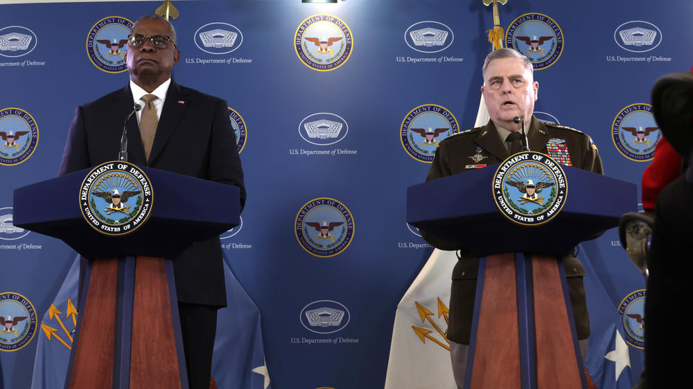 U.S. Secretary of Defense Lloyd Austin (left) listens as Chairman of the Joint Chiefs of Staff Army Gen. Mark Milley discusses the downed MQ-9 drone during a press conference at the Pentagon on Wednesday.