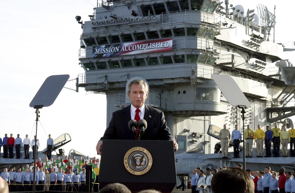 May 1, 2003: President Bush declares the end of major combat in Iraq as he speaks aboard the aircraft carrier USS Abraham Lincoln off the California coast.