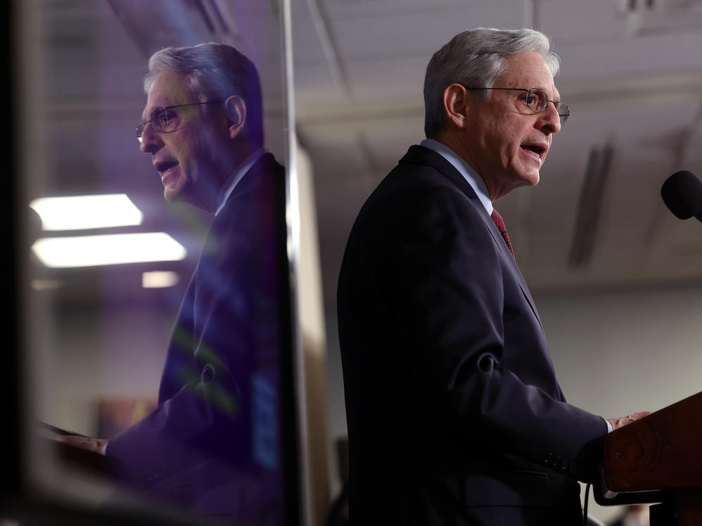 Attorney General Merrick Garland delivers remarks an an event commemorating the 60th anniversary of the Supreme Court's <em>Gideon v. Wainwright</em>  decision at the National Press Club on March 16.