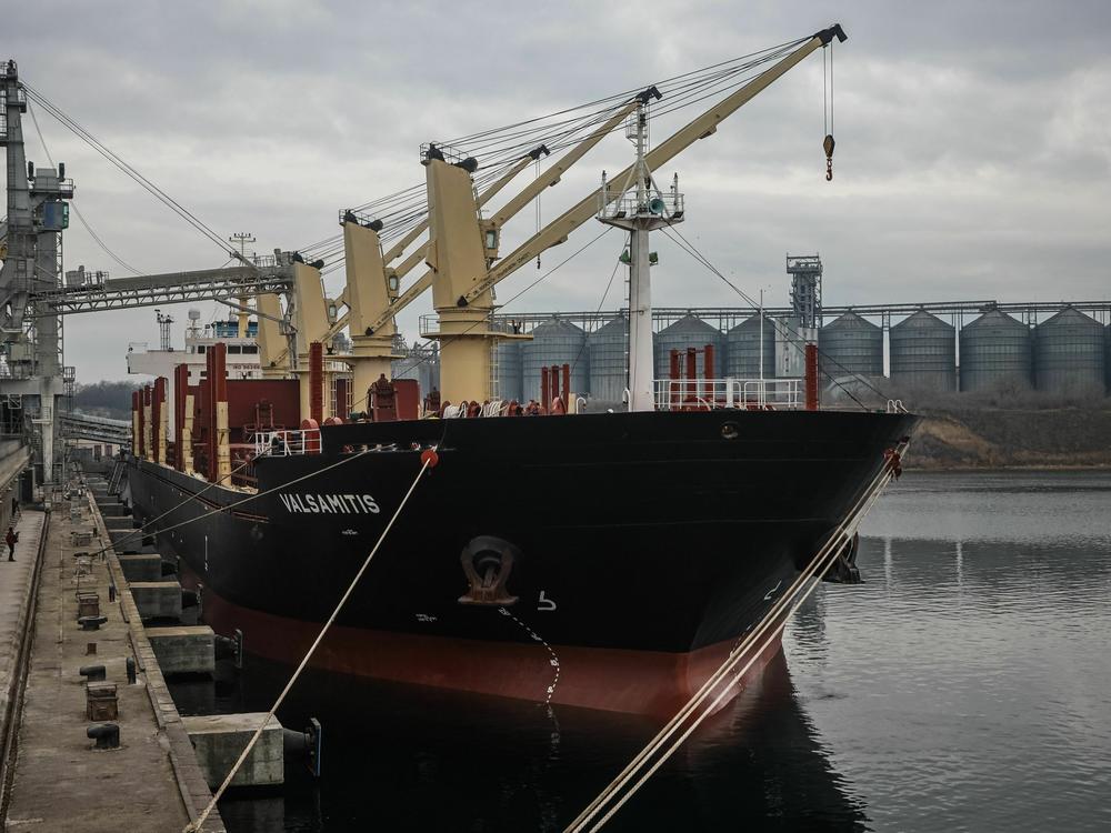 The U.N.-chartered vessel MV Valsamitis is loaded to deliver 25,000 tons of Ukrainian wheat to Kenya and 5,000 tons to Ethiopia. It is pictured at the Black Sea port of Chornomorsk in February.