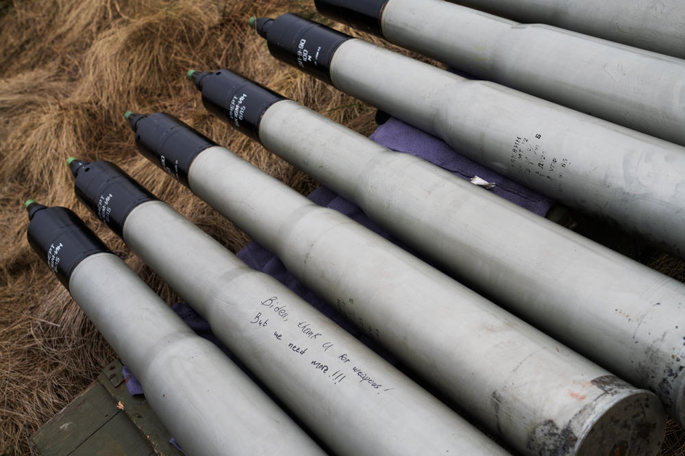 A message on a shell at the training area in western Ukraine reads: 