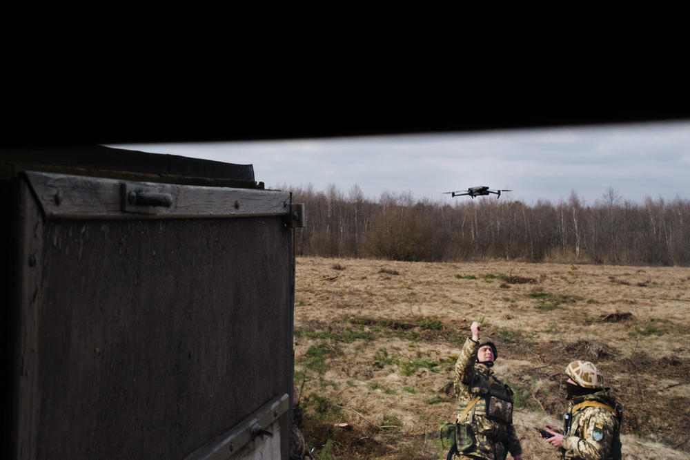 Soldiers practice with drones in western Ukraine.