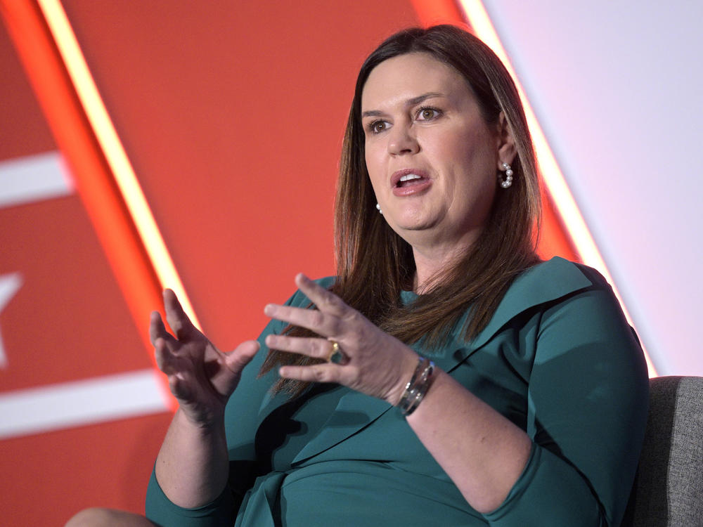 Then-Arkansas Gov.-elect Sarah Huckabee Sanders is pictured at a Republican Governors Association conference in November 2022 in Orlando, Fla. Sanders has signed a new law that will allow an anti-abortion monument to be built near the state Capitol.
