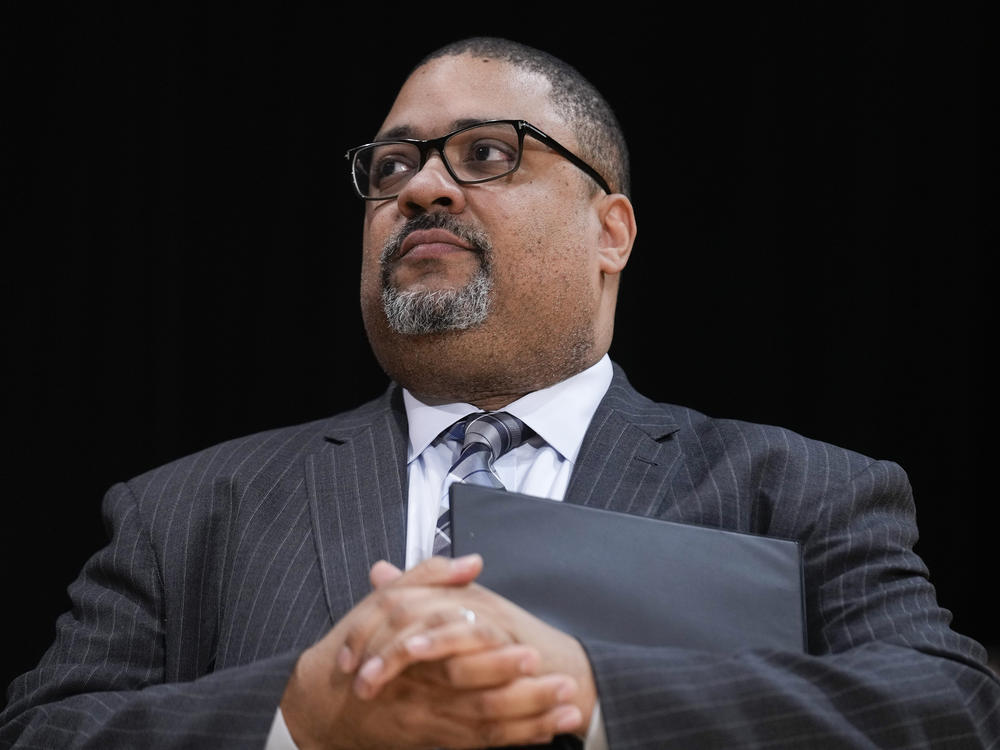 Manhattan District Attorney Alvin Bragg participates in a news conference in New York on Feb. 7, 2023.