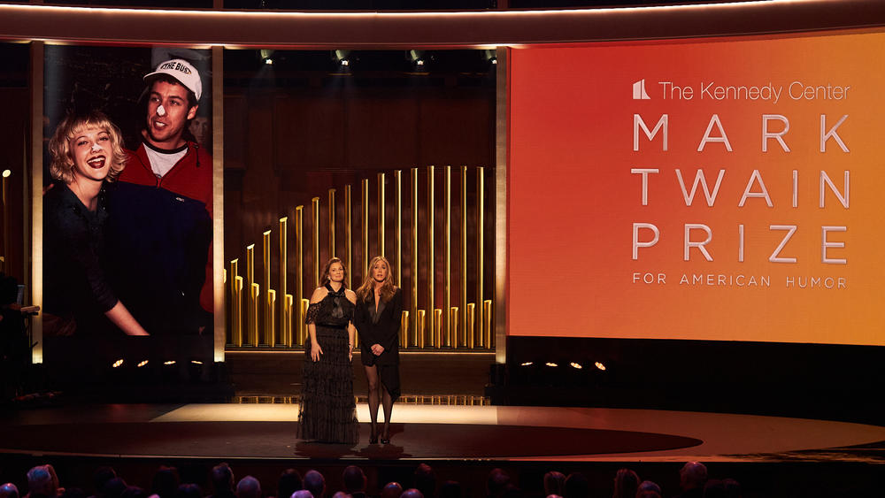 Drew Barrymore and Jennifer Aniston take to the stage at the Mark Twain award ceremony March 19.