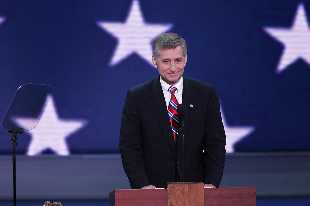 Bush-Cheney '04 campaign Chairman Marc Racicot speaks during the opening session of the 2004 RNC on Aug. 30, 2004, at Madison Square Garden in New York City.