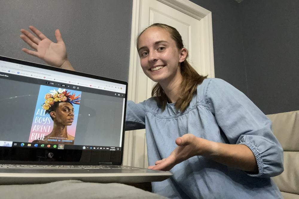 Elle Mehltretter, 16, demonstrates how easily she can find pirated copies online of banned books such as <em>All Boys Aren't Blue</em> and <em>The Bluest Eye. </em>She notes that 