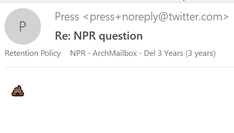 Twitter responded to NPR's email with a single poop emoji on Monday.
