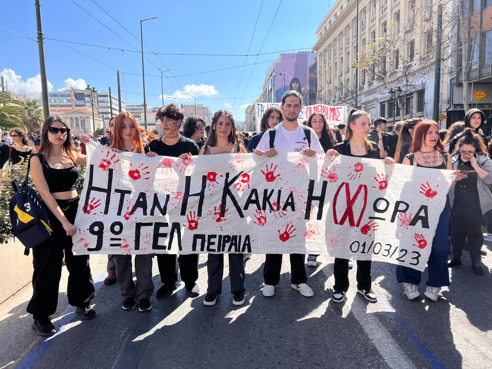 High school classmates march in Athens, Greece, during a general strike in March, following a train collision that left 57 people dead, many of them young people. The students chanted, 