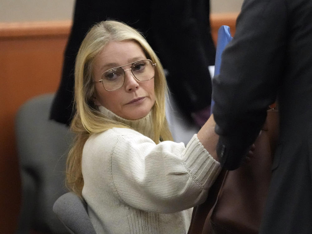 Actor Gwyneth Paltrow looks on before leaving the courtroom on Tuesday in Park City, Utah, where she is accused in a lawsuit of crashing into a skier in 2016 and leaving him with brain damage and four broken ribs.