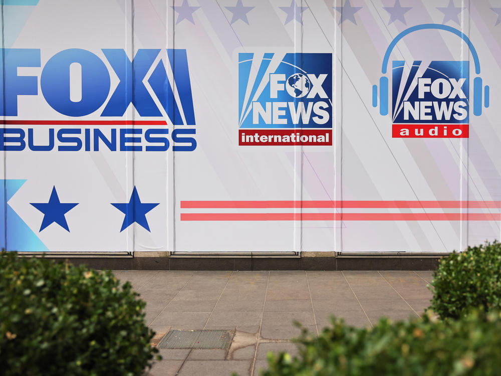 The logos for Fox programs are displayed on the News Corp. building on Jan. 25 in New York City.