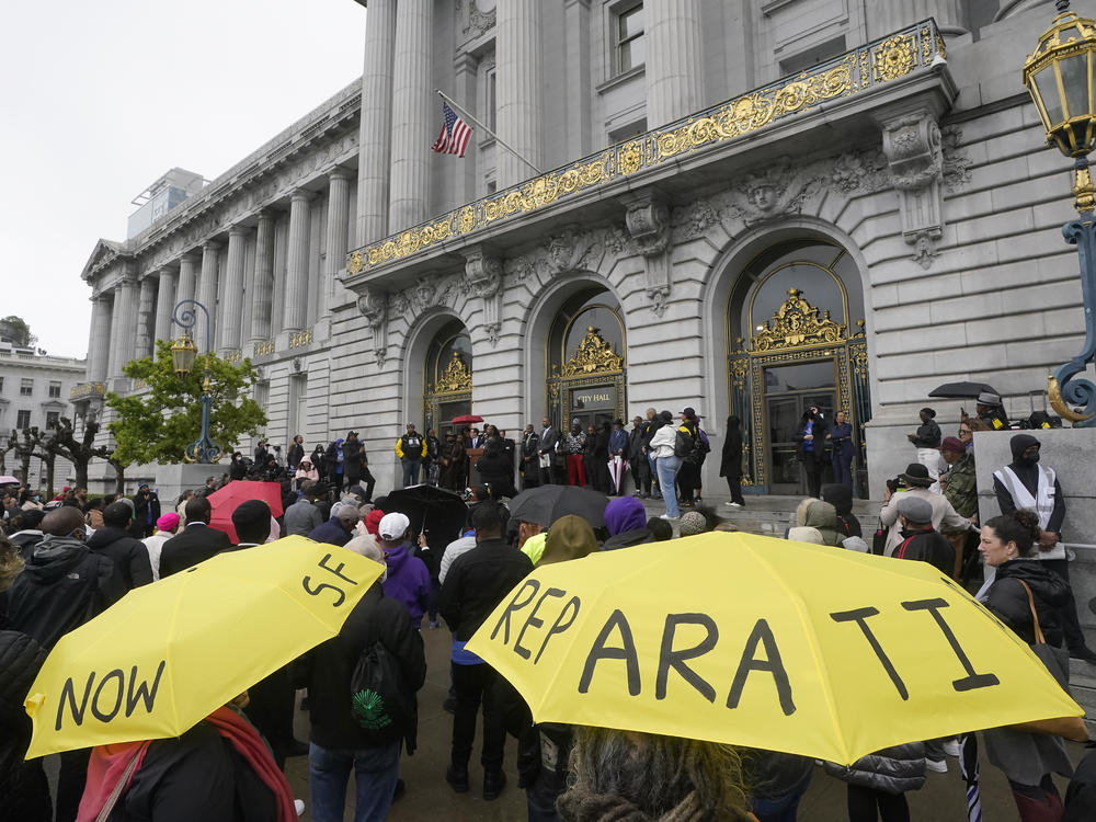 A reparations rally outside City Hall in San Francisco this month, as supervisors take up a draft reparations proposal. The growing number of local actions has renewed hopes and questions about a national policy.